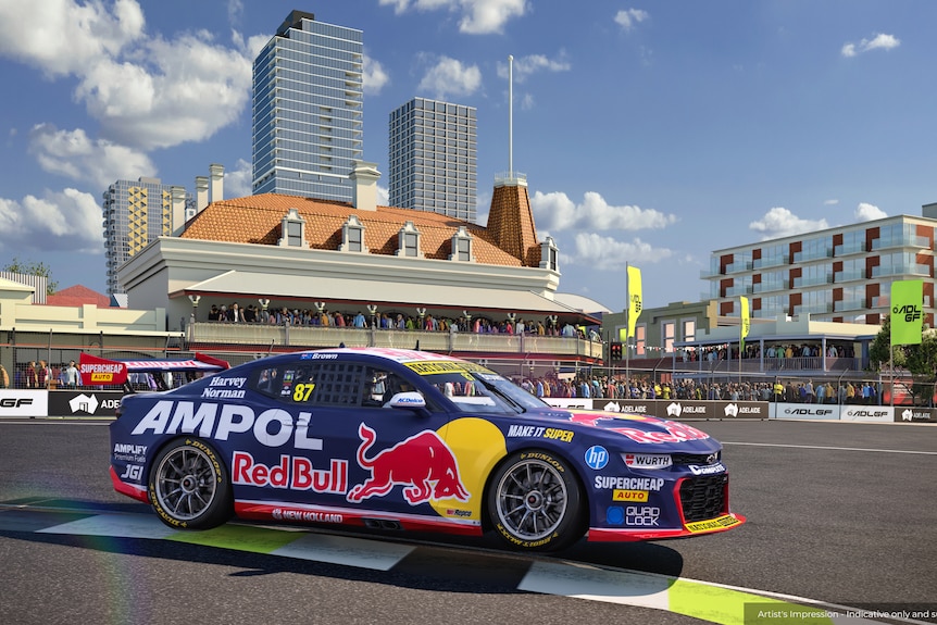 A racecar drives in front of the Stag Hotel in Adelaide in a computer generated image