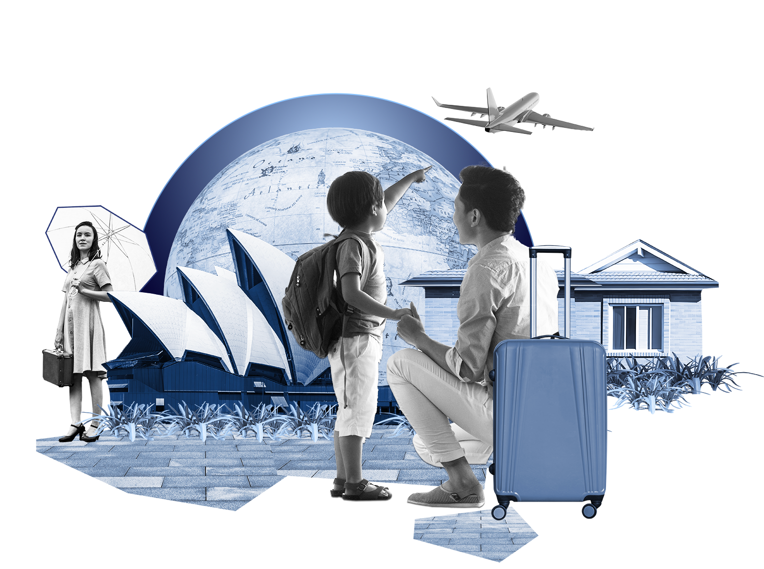 Collage illustration. Old fashioned woman holds a suit case while a young boy and his dad point to an aeroplane