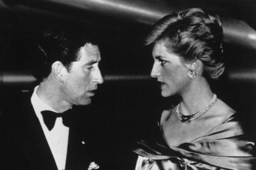 Charles and Diana on a formal visit to Sydney in the 1980s. The picture is black and white and they are looking at each other