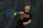 Juneau-Douglas High School: Yadaa.at Kalé senior Dan Degener hits a forehand shot during the Region V tennis championships at The Alaska Club in the Mendenhall Valley on Friday, Sept. 25, 2026. Degener has played three seasons with the Crimson Bears. (Klas Stolpe / Juneau Independent)