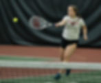 Juneau-Douglas High School: Yadaa.at Kalé senior Stahly Sheehan hits a forehand return during the Region V tennis championships at The Alaska Club in the Mendenhall Valley on Tuesday, Sept. 22, 2026. Sheehan, who has 11 years of hockey in Juneau, has played one season of tennis with the Crimson Bears. (Klas Stolpe / Juneau Independent)
