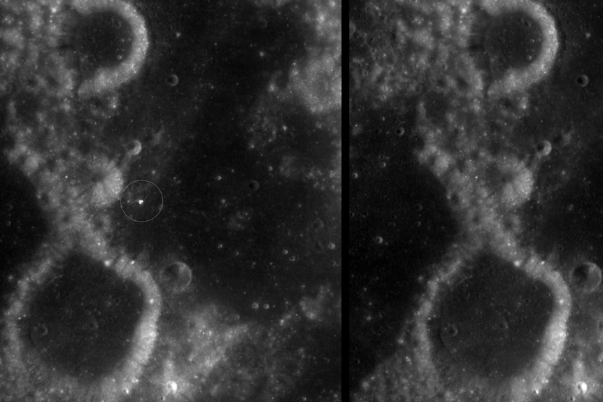 A greyscale double image showing zoomed-in Moon craters as two large circles and patches of black.