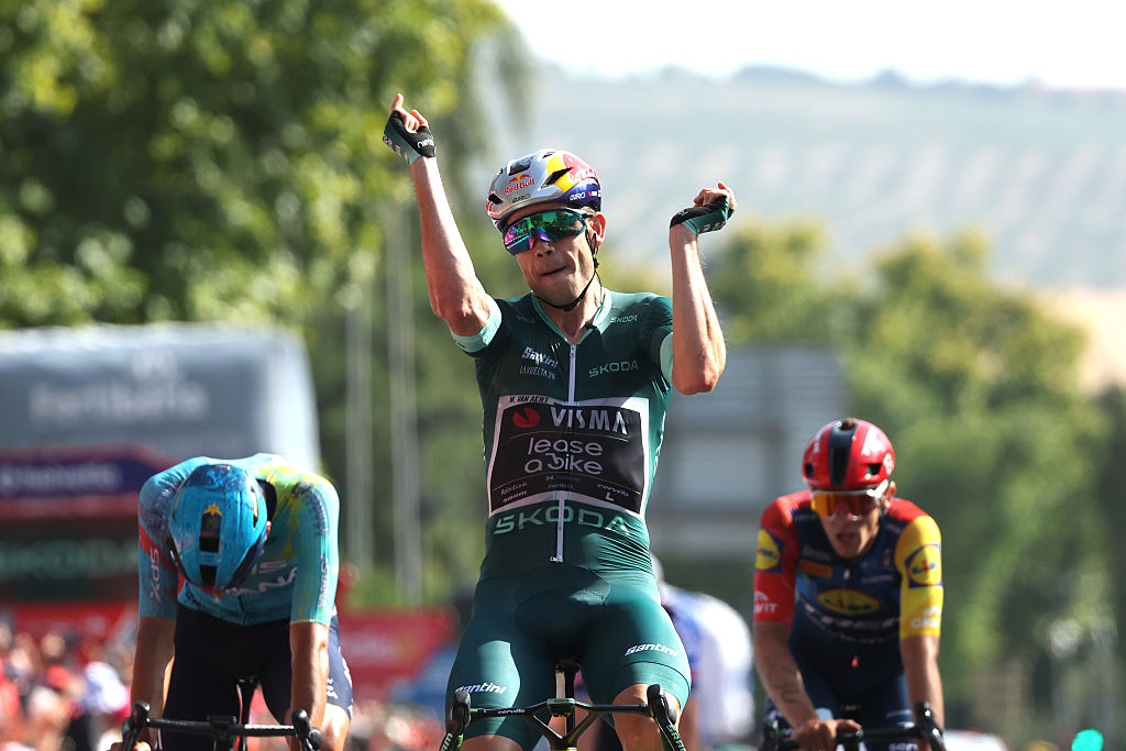 CORDOBA, SPAIN - SEPTEMBER 06: Wout Van Aert of Belgium and Team Visma | Lease a Bike - Green Points Jersey celebrates at finish line as stage winner during the La Vuelta - 81st Tour of Spain 2026, Stage 15 a 110.2km stage from Palma del Rio to Cordoba / #UCIWT / Stage shortened due to extreme temperature weather alert / on September 06, 2026 in Cordoba, Spain. (Photo by Alexander Hassenstein/Getty Images)