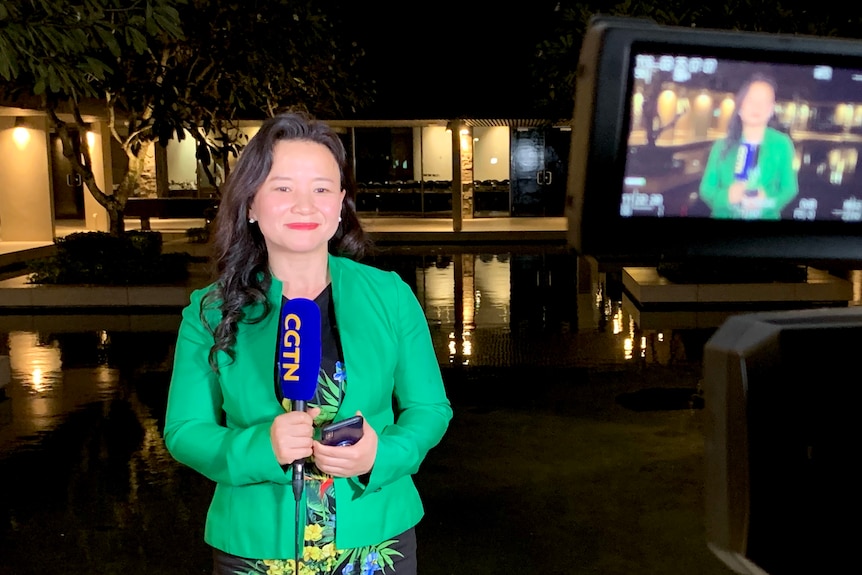 Reporter Cheng Lei wears a green blazer while standing with a microphone in front of her.