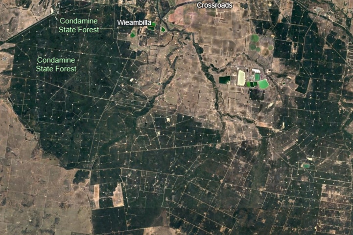 A satellite map of country with coal seam gas wells crisscross landscape.