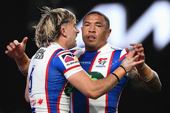 Fletcher Sharpe celebrates a try.