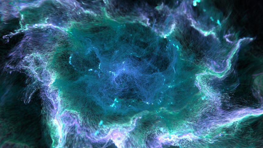 a digital artwork showing coloured dust mites like a galaxy in blues and greens