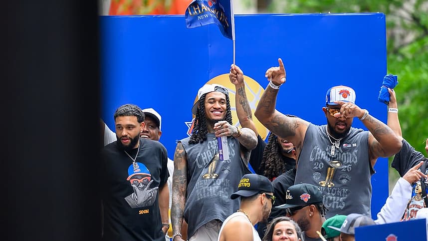 Knicks guard Jordan Clarkson smiles at the championship parade