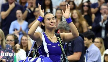 Alexandra Eala waves to fans after losing to Iva Jovic during the 2026 US Open
