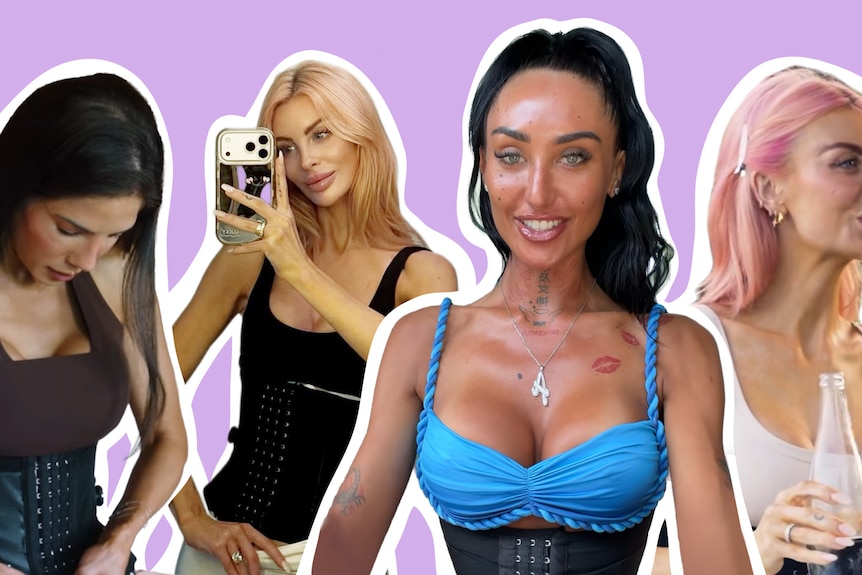 a graphic of four different women wearing a waist trainer after having rib contouring surgery