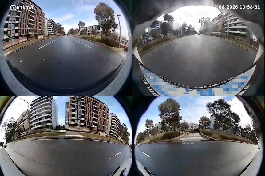 An array of the view of four fisheye cameras. They show the front, back and each side of a car driving on a road.