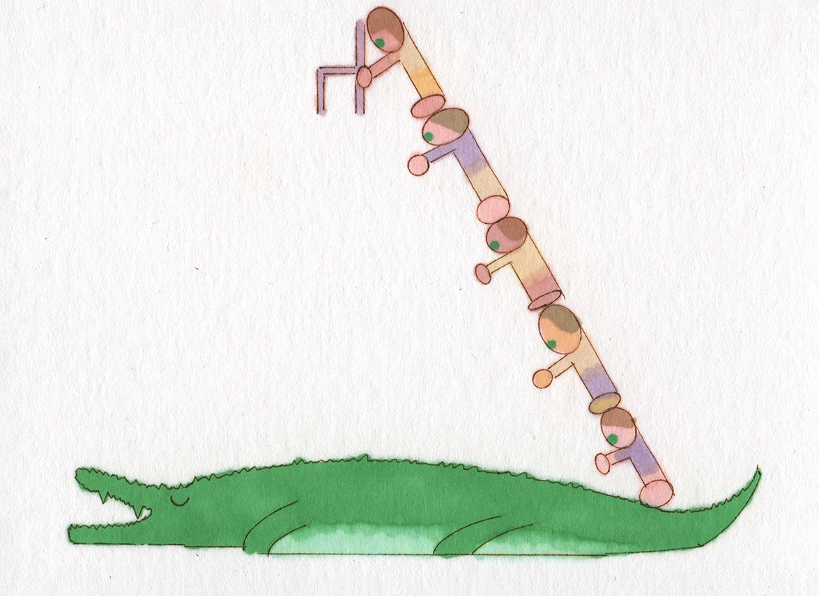 Green crocodile with a long segmented tail made of wooden beads and string, topped with a tiny pink chair