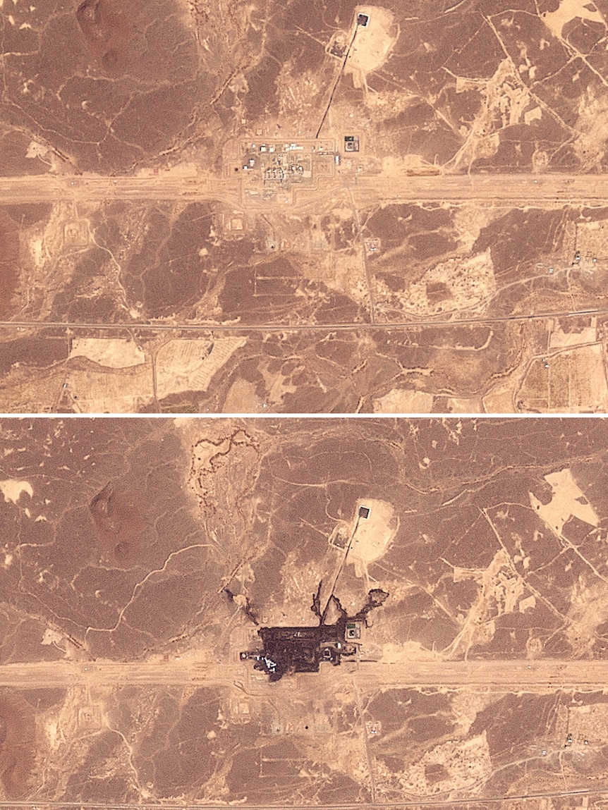 A satellite image of an infrastructure site blackened and damaged by fire