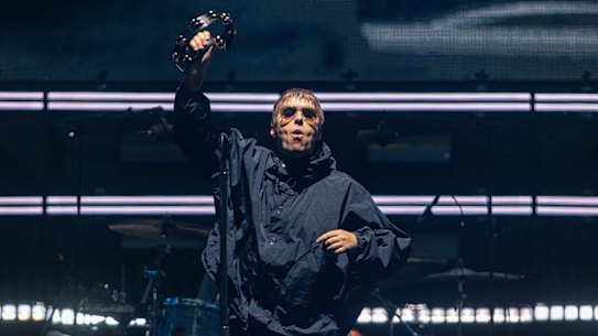 Liam Gallagher of Oasis performs on stage at Marvel Stadium.