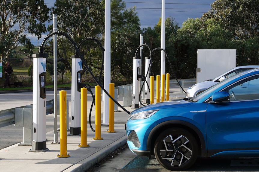 A blue BYD electric car is seen side-on, charging in a car park
