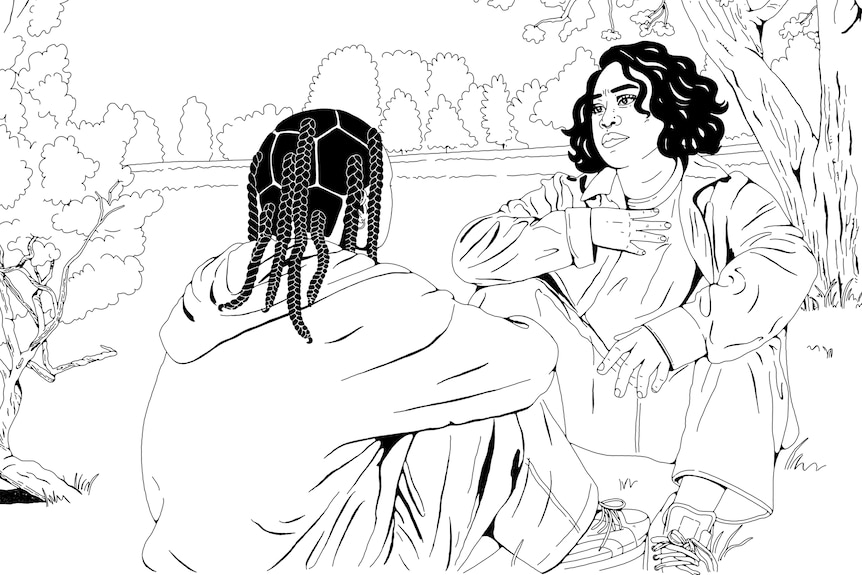 A black-and-white illustration from a book of a trans person sitting with a boy with dreadlocks in a park.
