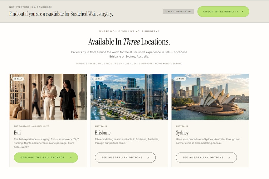 A screenshot of the Snatched Waist website showing pictures Bali, Sydney and Brisbane where their services are avaliable