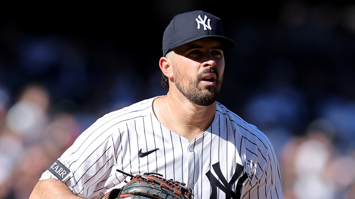 New York Yankees starting pitcher Carlos Rodon (55) reacts during the third inning against the Milwaukee Brewers at Yankee Stadium on March 27, 2025.