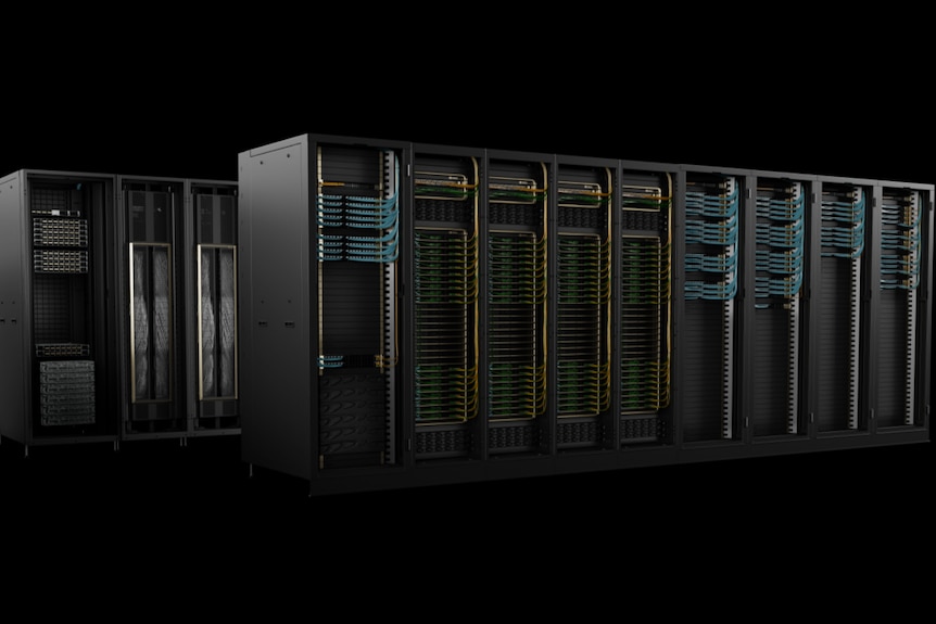 A row of large black NVIDIA server racks connected by coloured cables.