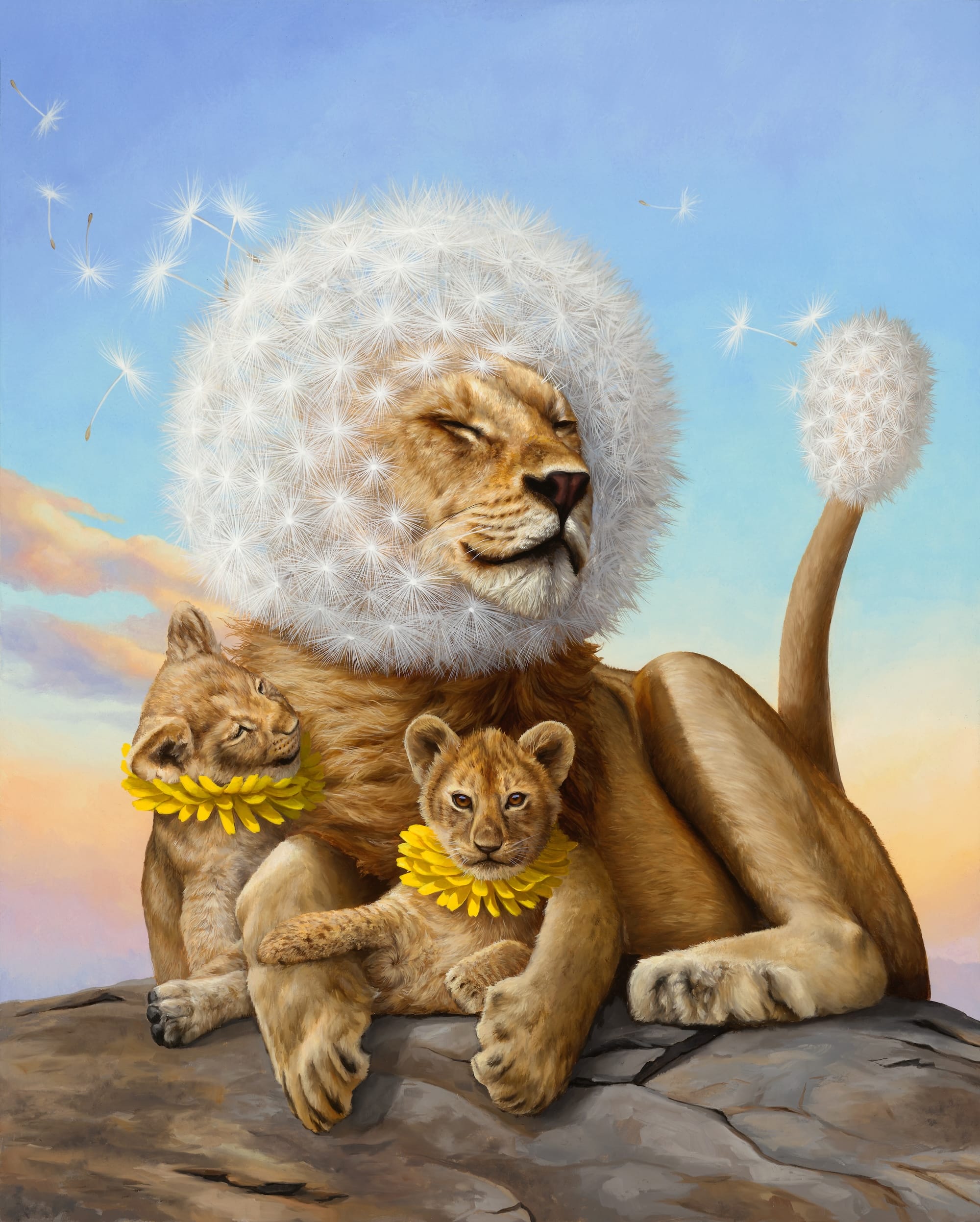 a fantastical painting of a lioness and her two cubs, each with dandelion flowers around their heads