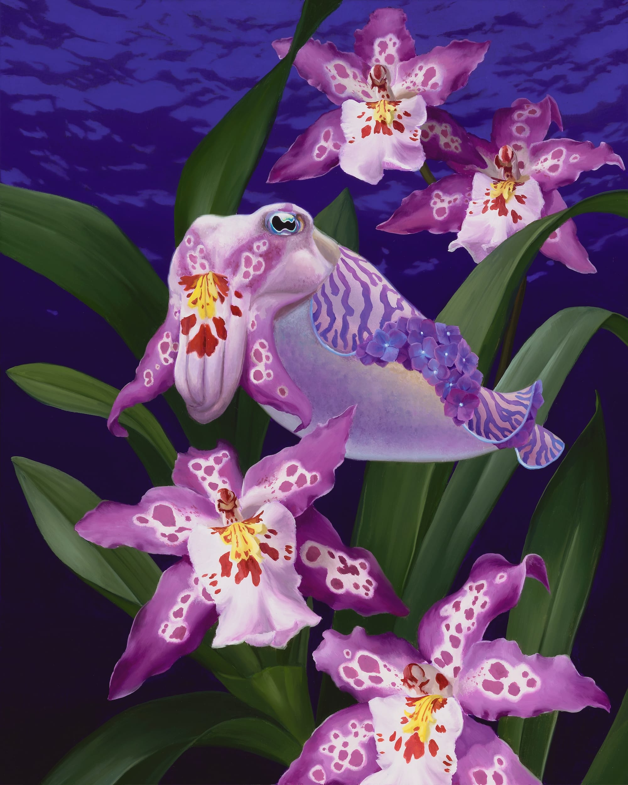 a fantastical painting of orchids, one of which is also a fish
