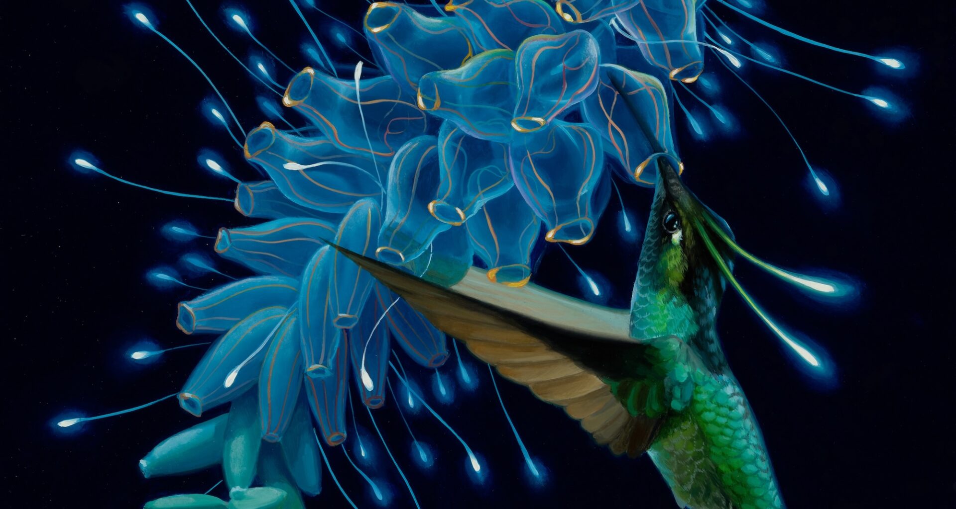 a fantastical painting of a hummingbird getting nectar from a blue plant or creature that resembles an underwater organism
