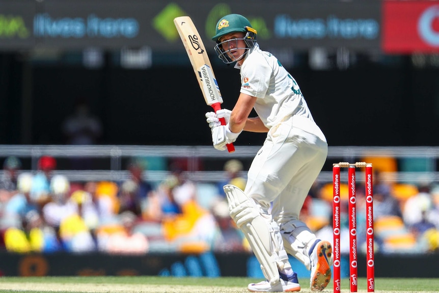 Marnus Labuschagne watches as the ball goes down to fine leg.