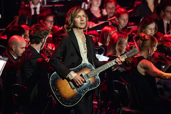 Beck, pictured with the Sydney Symphony Orchestra in May, retreads old ground on his new album.