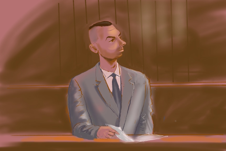 A court sketch of a man in a grey suit and white shirt.