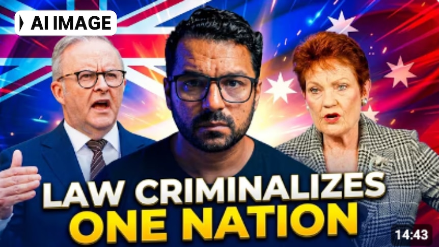 "Law Criminalizes One Nation" A brown skinned man with glasses stands in front of two other people