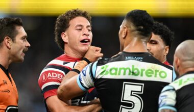 ‘He gave me a good lesson’: Fiery clash of wingers tipped in Sharks v Roosters final