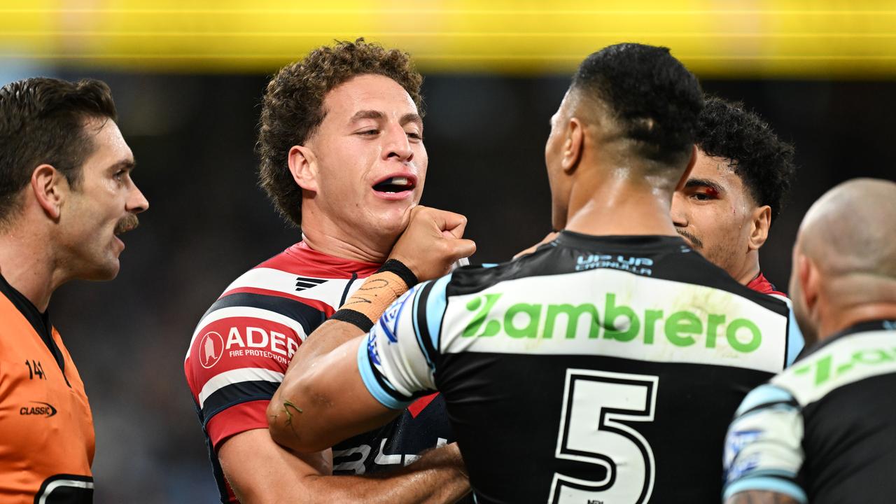 ‘He gave me a good lesson’: Fiery clash of wingers tipped in Sharks v Roosters final