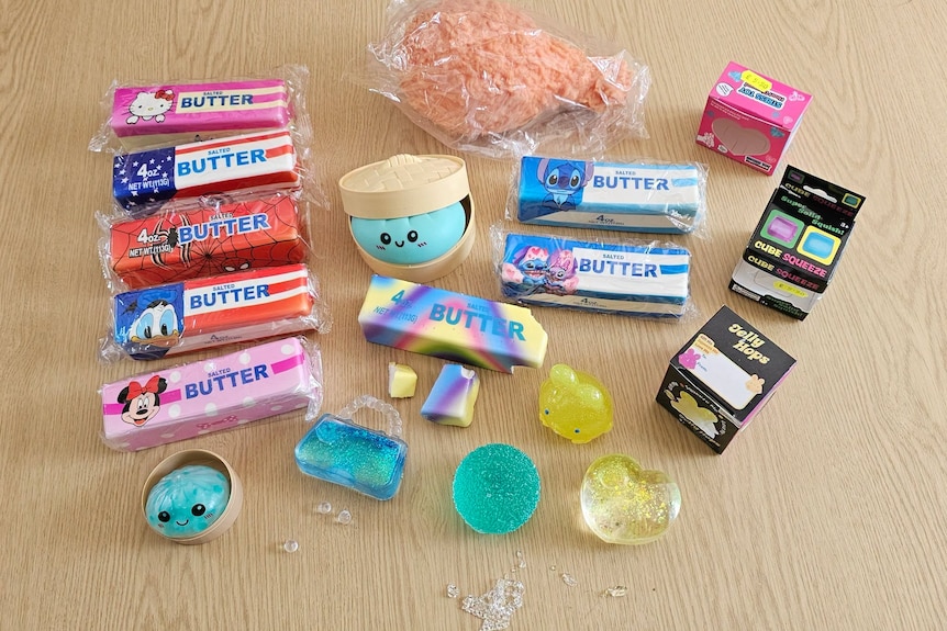 Squishy butters, dumplings and cubes laid out on a table.