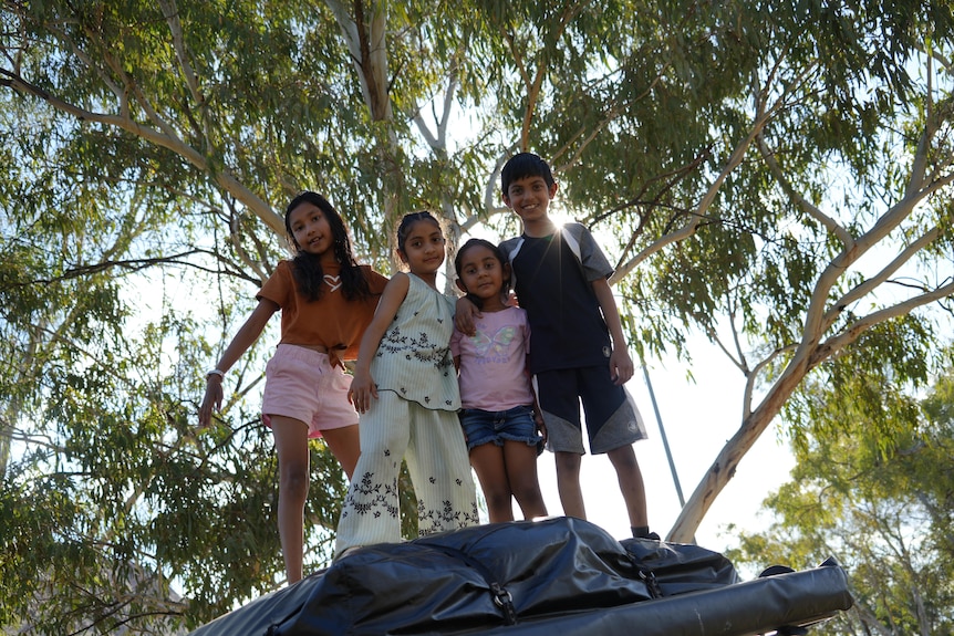 Four kids stand on top of rooftop tent on car with tree above them