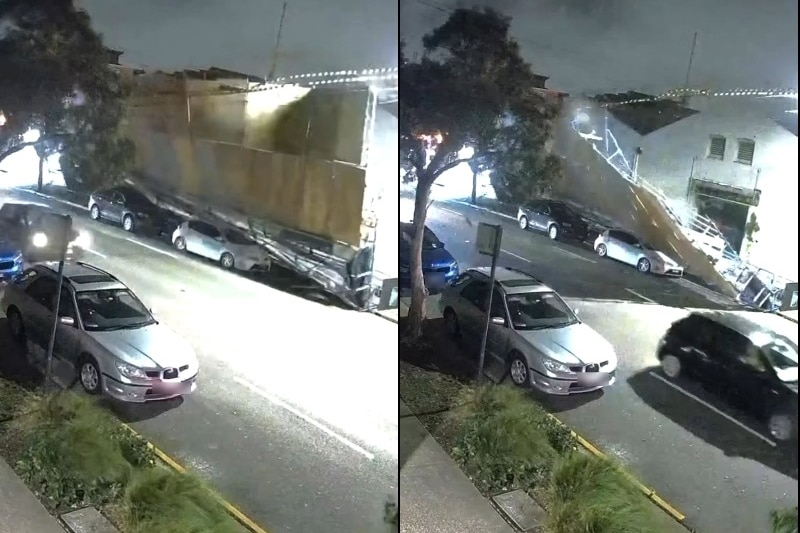 Scaffolding at the front of a building site collapses onto cars parked on street. There are two photos side by side.