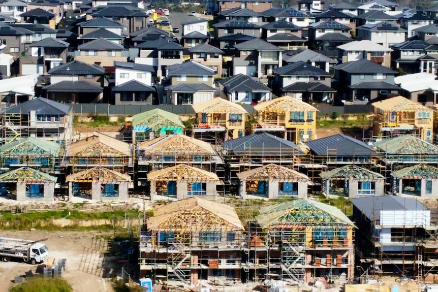 An aerial shot of suburban housing.