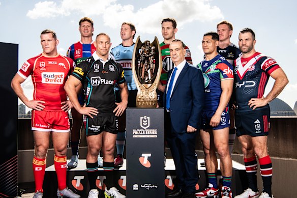 Representatives from all eight NRL teams playing finals and ARL Commission chair Peter V’landys in Sydney on Monday.
