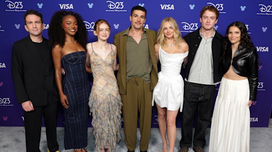 X-Men director Jake Schreier with cast members Maya Boyd, Sadie Sink, Christopher Abbott, Samara Weaving, Kit Connor and Inde Navarrette.