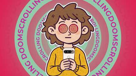 Illustration of a person with spiral eyes holding a smartphone looking dazed with the word doomscrolling repeatedly spiraling in the background