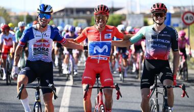 GRANADA, SPAIN - SEPTEMBER 13: (L-R) Primoz Roglic of Slovenia and Team Red Bull - BORA - hansgrohe on second place, race winner Enric Mas of Spain and Movistar Team - Red Leader Jersey and Felix Gall of Austria and Team Decathlon CMA CGM on third place pose during the La Vuelta - 81st Tour of Spain 2026, Stage 21 a 112km stage from Granada to Granada / #UCIWT / on September 13, 2026 in Granada, Spain. (Photo by Tim de Waele/Getty Images)