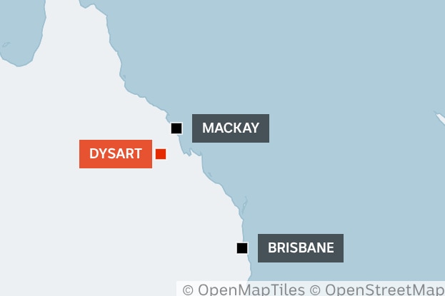 A map depicting where Dysart, Mackay and Brisbane are in Queensland. 