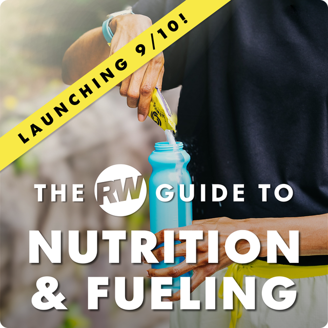 A person pouring an electrolyte packet into a blue water bottle, promoting the RW Guide to Nutrition and Fueling.