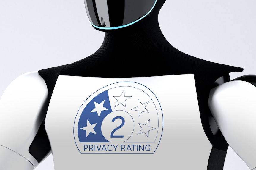 A food rating-style label on a white and black coloured robot giving it two stars on a privacy rating.