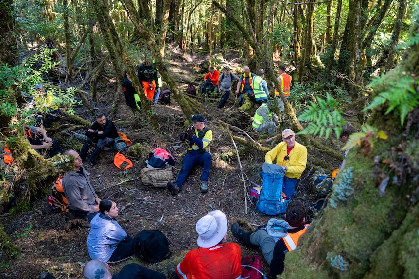 A group of people in colourful hiking clothes sit on the ground in a forested area.