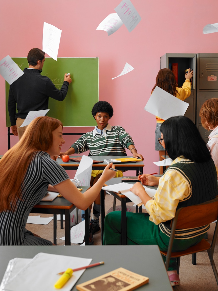 Masego Pitso, a young African Australian woman, sits in a classroom, eyeballing the lens, as other students talk and papers fly.
