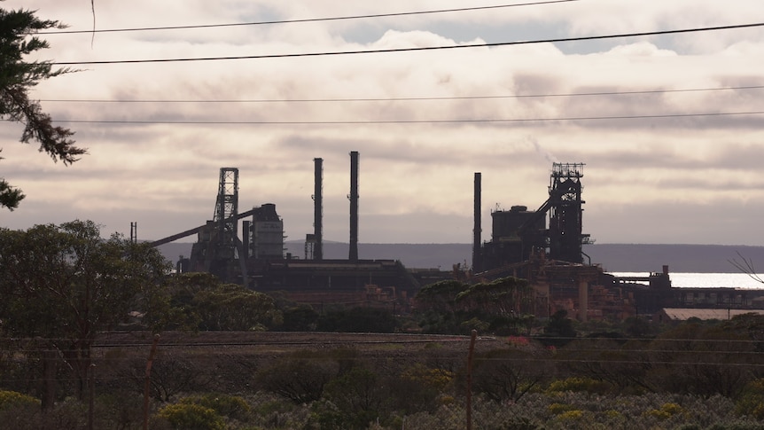 A photo of the Whyalla blast furnace facility, consisting of several buildings, railyards, buildings, towers and chimneys