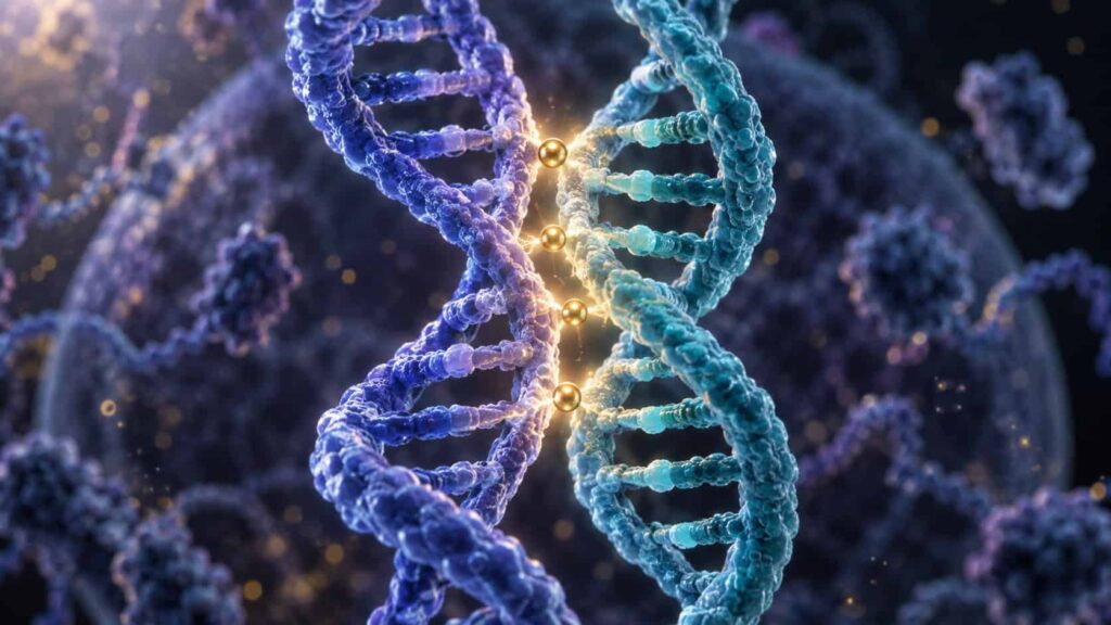 Illustration of two dna strands merging