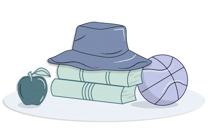 Illustration of hat, apple and basketball.