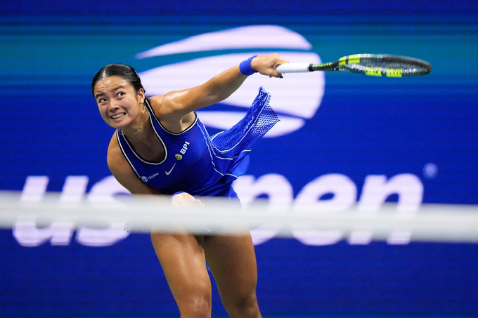 Alexandra Eala serves during her match against Iva Jovic in the third round of the womens singles at the US Open, at the Billie Jean King National Tennis Center in New York on Sept. 5, 2026. Photo by AP