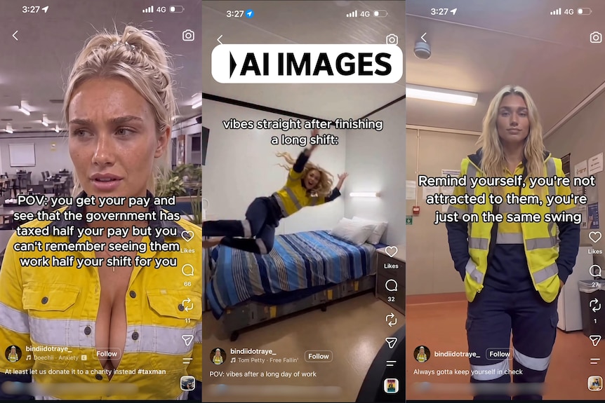 a composite image of three side-by-side screenshots of an AI generated blonde female fifo worker